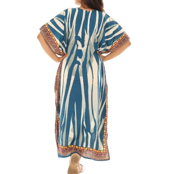Shoreline Wear Blue Multi Abstract Animal Stripe Cinched Kaftan Midi Dress OS - Picture 2 of 16